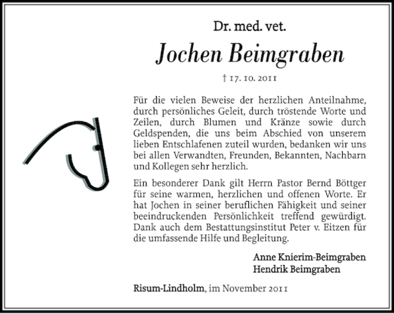  Traueranzeige für Jochen Beimgraben vom 12.11.2011 aus Nordfriesland Tageblatt