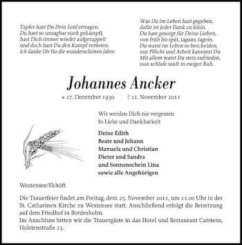 Traueranzeige von Johannes Ancker von Landeszeitung