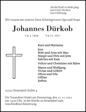 Traueranzeige von Johannes Dürkob von Elmshorner Nachrichten