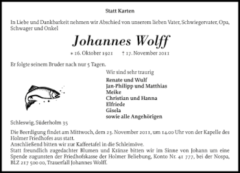 Traueranzeige von Johannes Wolff von Schleswiger Nachrichten