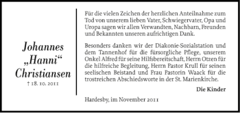 Traueranzeige von Johannes Hanni Christiansen von Flensburger Tageblatt