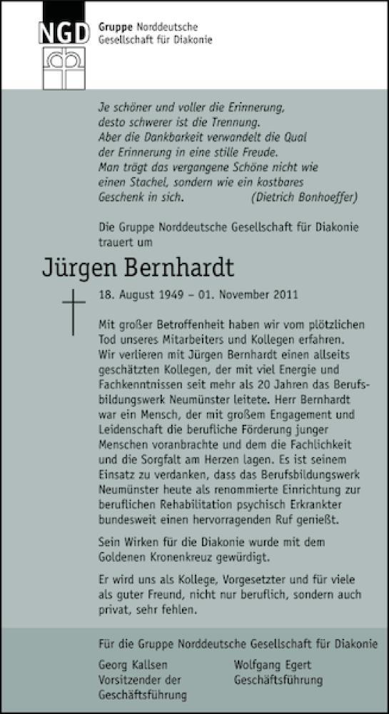  Traueranzeige für Jürgen Bernhardt vom 05.11.2011 aus Holsteinischer Courier