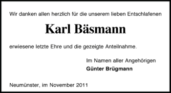 Traueranzeige von Karl Bäsmann von Holsteinischer Courier