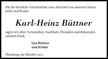 Traueranzeige von Karl-Heinz Büttner von Flensburger Tageblatt