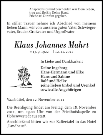 Traueranzeige von Klaus Johannes Mahrt von Landeszeitung