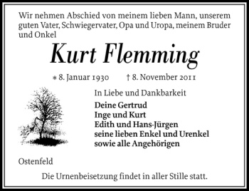 Traueranzeige von Kurt Flemming von Husumer Nachrichten
