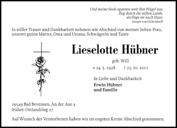 Traueranzeige von Lieselotte Hübner von Elmshorner Nachrichten