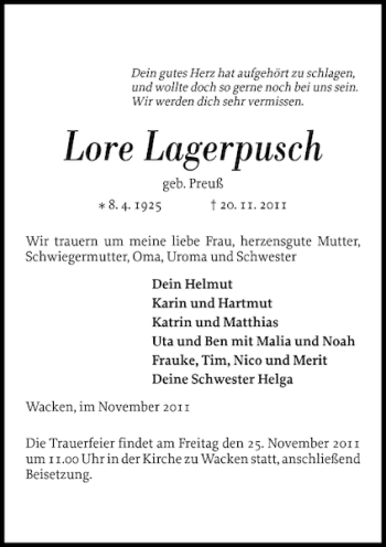 Traueranzeige von Lore Lagerpusch von Norddeutsche Rundschau