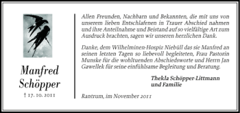 Traueranzeige von Manfred Schöpper von Husumer Nachrichten