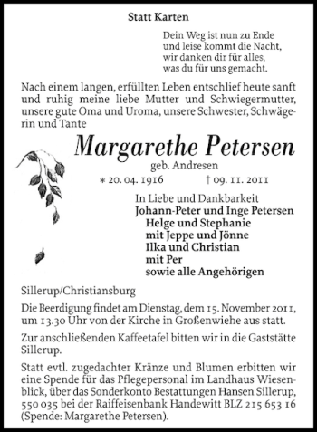 Traueranzeige von Margarethe Petersen von Flensburger Tageblatt