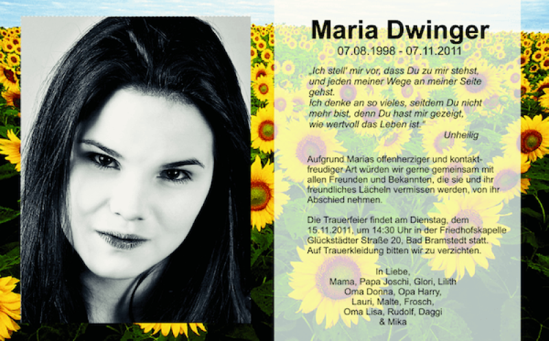  Traueranzeige für Maria Dwinger vom 12.11.2011 aus Holsteinischer Courier