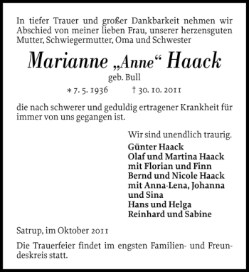 Traueranzeige von Marianne Haack von Flensburger Tageblatt