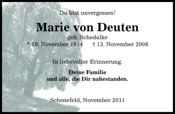 Traueranzeige von Marie von Deuten von Pinneberger Tageblatt