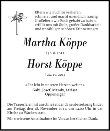 Traueranzeige von Martha Köppe Horst Köppe von Norddeutsche Rundschau