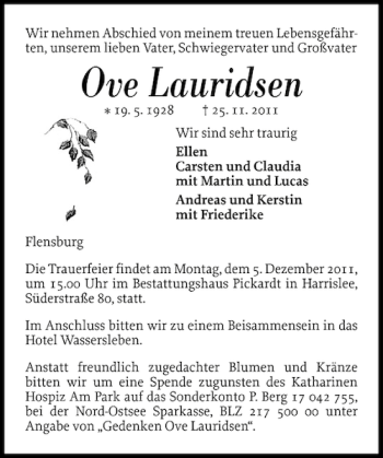 Traueranzeige von Ove Lauridsen von Flensburger Tageblatt