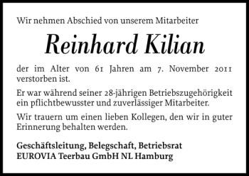 Traueranzeige von Reinhard Kilian von Norddeutsche Rundschau