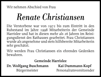 Traueranzeige von Renate Christiansen von Flensburger Tageblatt