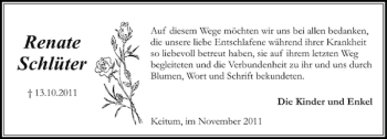 Traueranzeige von Renate Schlüter von Sylter Rundschau