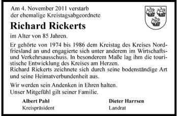 Traueranzeige von Richard Rickerts von Husumer Nachrichten