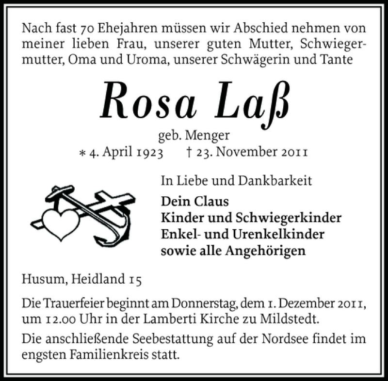  Traueranzeige für Rosa Laß vom 26.11.2011 aus Husumer Nachrichten