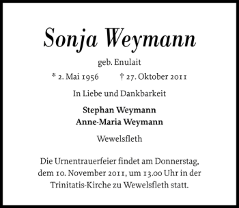 Traueranzeige von Sonja Weymann von Norddeutsche Rundschau