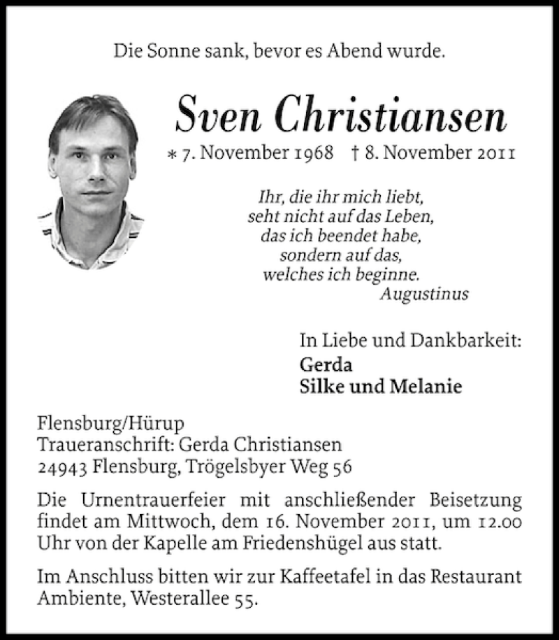  Traueranzeige für Sven Christiansen vom 12.11.2011 aus Flensburger Tageblatt