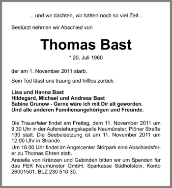 Traueranzeige von Thomas Bast von Holsteinischer Courier