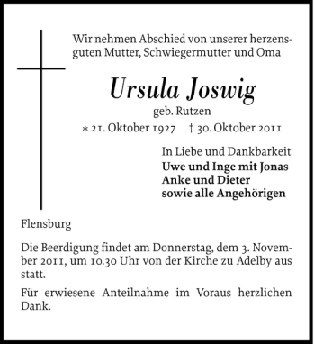 Traueranzeige von Ursula Joswig von Flensburger Tageblatt