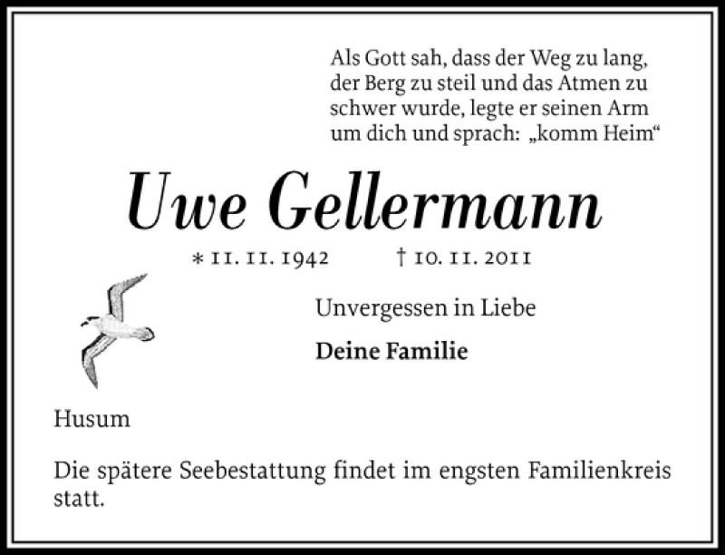  Traueranzeige für Uwe Gellermann vom 15.11.2011 aus Husumer Nachrichten