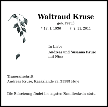 Traueranzeige von Waltraud Kruse von Pinneberger Tageblatt
