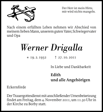 Traueranzeige von Werner Drigalla von Eckernförder Zeitung