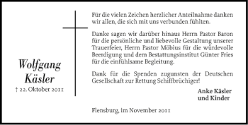 Traueranzeige von Wolfgang Käsler von Flensburger Tageblatt