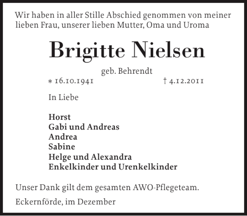  Traueranzeige für Brigitte Nielsen vom 28.12.2011 aus Eckernförder Zeitung