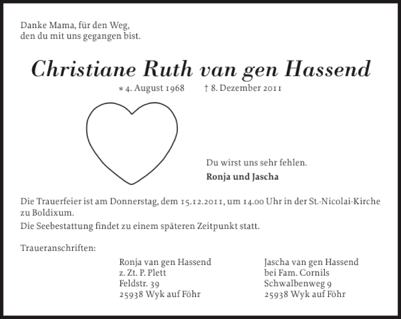  Traueranzeige für Christiane Ruth van gen Hassend vom 13.12.2011 aus Der Insel-Bote
