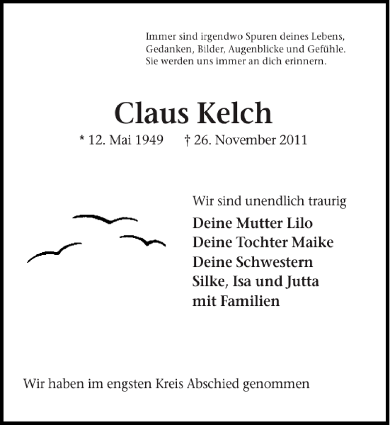  Traueranzeige für Claus Kelch vom 10.12.2011 aus Flensburger Tageblatt