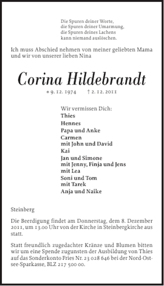  Traueranzeige für Corina Hildebrandt vom 05.12.2011 aus Flensburger Tageblatt