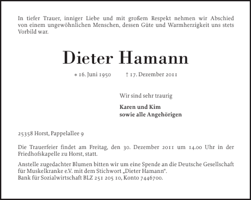  Traueranzeige für Dieter Hamann vom 24.12.2011 aus Elmshorner Nachrichten