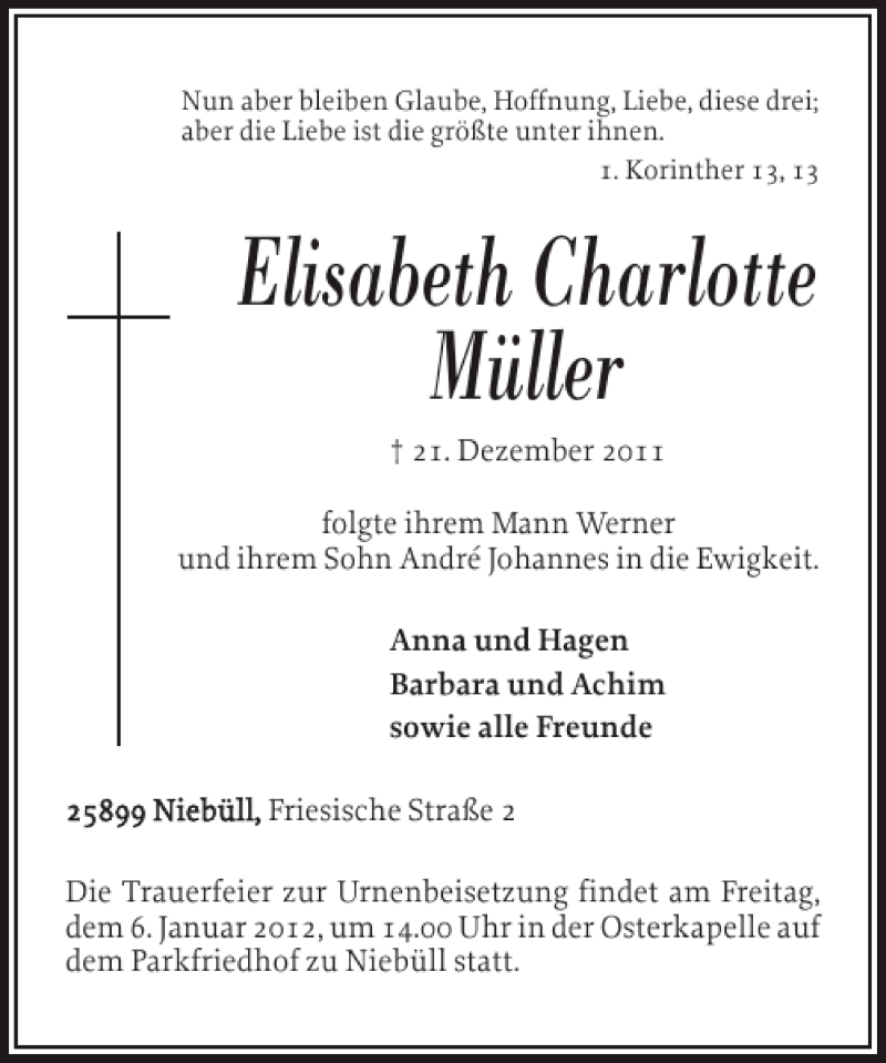  Traueranzeige für Elisabeth Charlotte Müller vom 27.12.2011 aus Nordfriesland Tageblatt