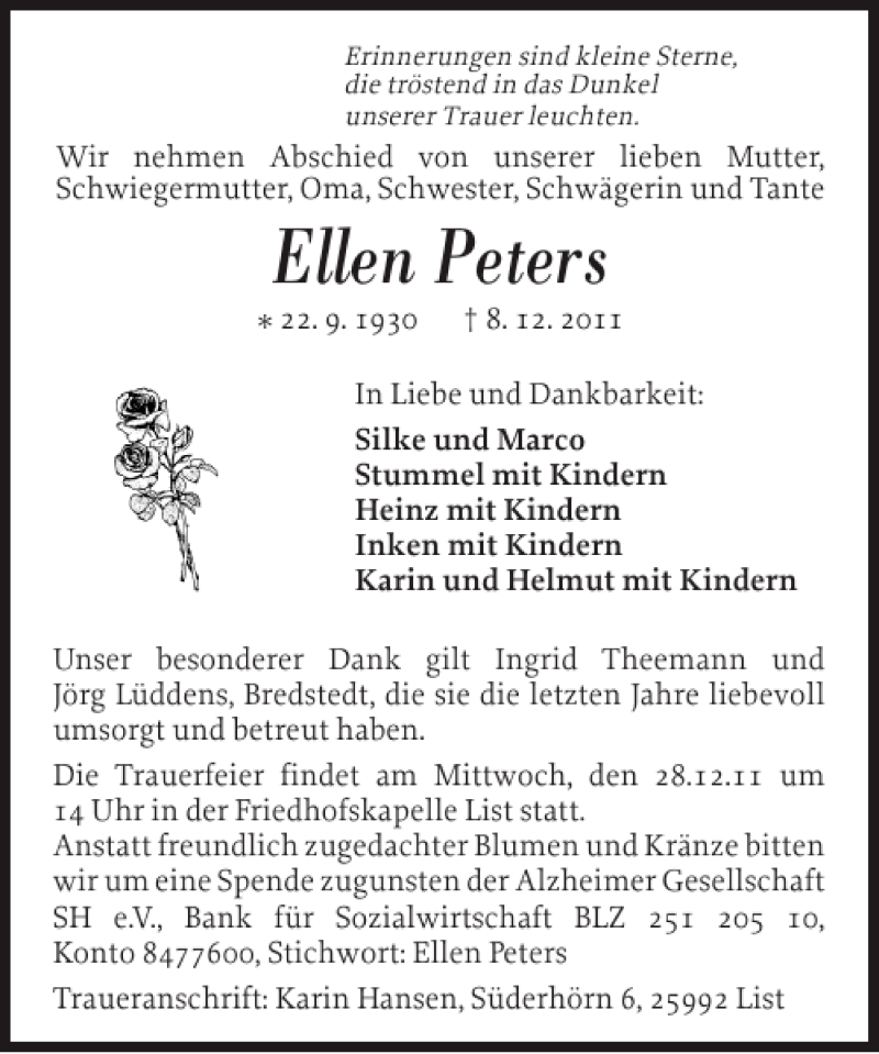  Traueranzeige für Ellen Peters vom 23.12.2011 aus Sylter Rundschau