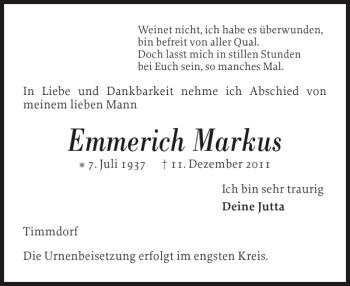 Traueranzeige von Emmerich Markus von Ostholsteiner Anzeiger