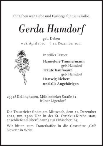 Traueranzeige von Gerda Hamdorf von Norddeutsche Rundschau