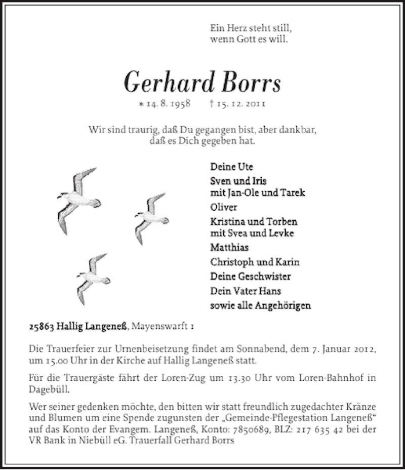  Traueranzeige für Gerhard Borrs vom 22.12.2011 aus Husumer Nachrichten