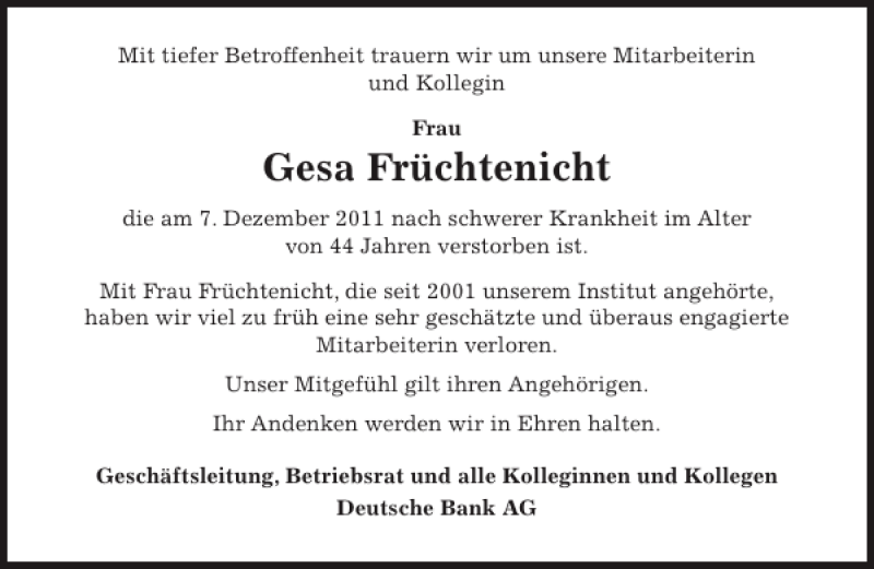  Traueranzeige für Gesa Früchtenicht vom 14.12.2011 aus Pinneberger Tageblatt