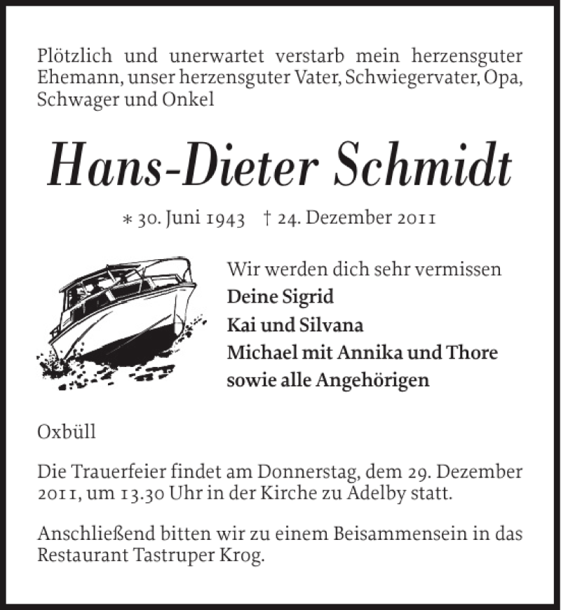  Traueranzeige für Hans-Dieter Schmidt vom 27.12.2011 aus Flensburger Tageblatt