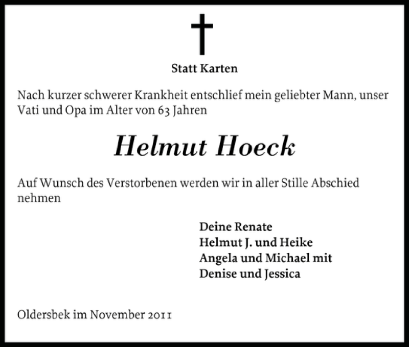  Traueranzeige für Helmut Hoeck vom 02.12.2011 aus Husumer Nachrichten