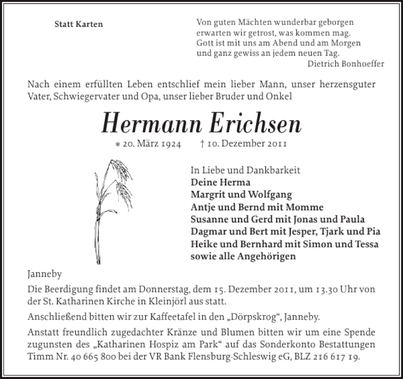  Traueranzeige für Hermann Erichsen vom 12.12.2011 aus Flensburger Tageblatt