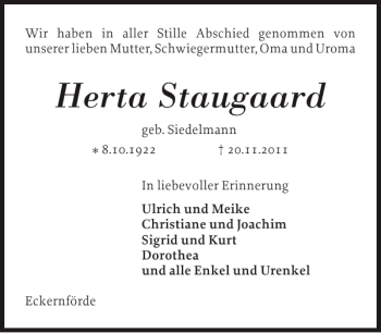 Traueranzeige von Herta Staugaard von Eckernförder Zeitung