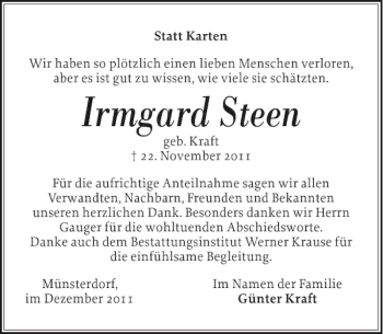 Traueranzeige von Irmgard Steen von Norddeutsche Rundschau