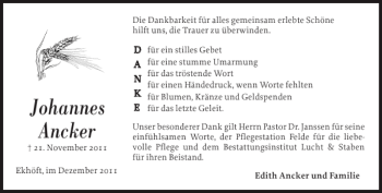Traueranzeige von Johannes Ancker von Landeszeitung