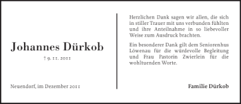 Traueranzeige von Johannes Dürkob von Elmshorner Nachrichten